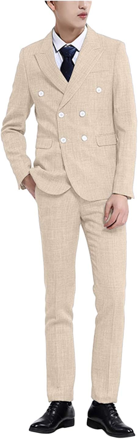 Wemaliyzd Men's 2 Pieces Linen Suit Blazer Dress Wedding Jacket Casual Pants