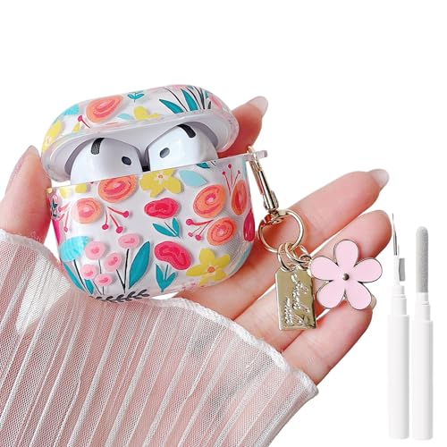 Image of MINSCOSE for AirPods 4 Clear Case,Cute Colorful Flower Pattern Design with Girly Floral Keychain,Soft Silicone Protective Shockproof Cover with Cleaner Kit for Girls Women-Color