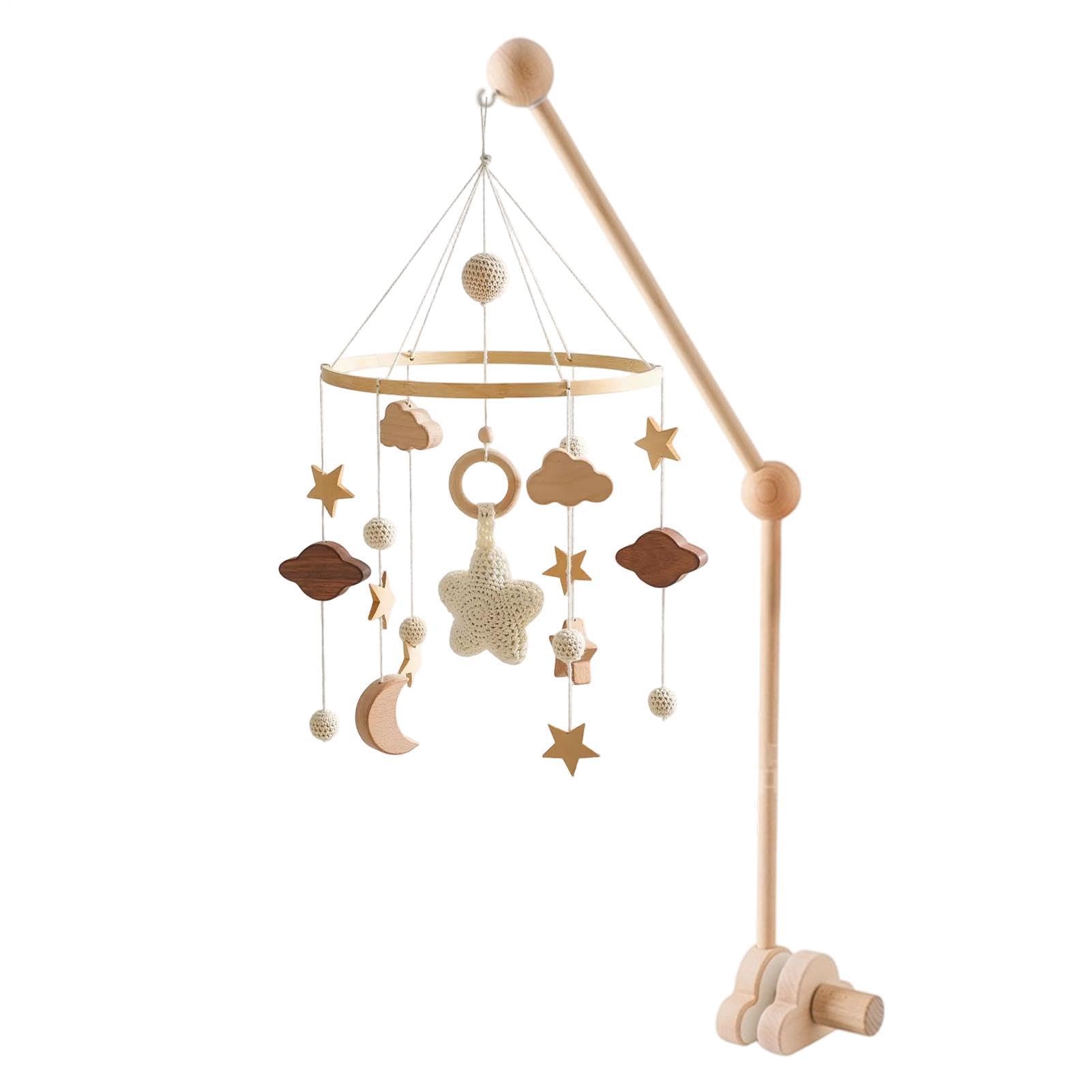 Supporto Giostrina Culla in Legno Naturale, Braccio Mobile Lettino Neonato Regolabile in Altezza, Asta Smontabile per Campanelli Eolici e Giocattoli Sospesi, Regalo di Nascita per neonatis