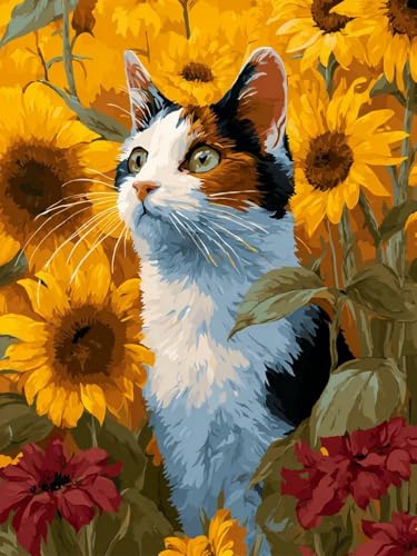 Diamond Painting Tournesol et chat pour décorer votre salon activité détente maison 40x50