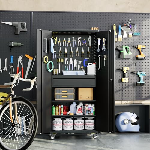 Image of Aobabo 71 inch H Metal Storage Cabinet with Wheels with 5 Pegboards and 1 Drawer,Lockable Steel Tool Cabinet for Garage,Warehouse,Assembly Required,Black