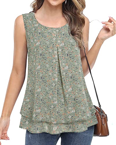 Gaharu Sleeveless Shirts For Women Summer Scoop Neck Chiffon Tunic Tank Tops To Wear With Leggings Business Casual Outfits For Women Elegant Floral Double Lined Tunic Blouses Multi-Green,Xxl #TOP5