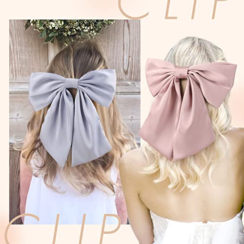 2Pcs Big Satin Hair Bows For Women Girls 10 Inch Barrette Hair Clip Long Pink Blue Silk Ribbon Bride Wedding Bows French Style Hair Accessories (Pink+Blue) #TOP1