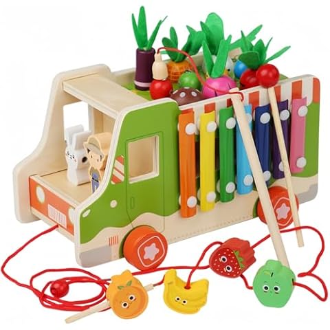 Wooden Multi-Functional Fruit and Vegetable Cart, Hammer Xylophone Toy Sorting and Stacking Toys, Farm Fruit Cognitive Shape Matching, Wooden Montessori Toys for 3-6 Year Old Cover