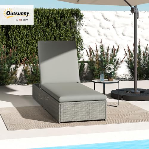 Outsunny PE Rattan Sun Lounger, Five-level Adjustable Recliner Bed Chair with Soft Padded Cushion for Patio, Garden, Light Grey 2 Outsunny PE Rattan Sun Lounger, Five-level Adjustable Recliner Bed Chair with Soft Padded Cushion for Patio, Garden, Light Grey - Image 2