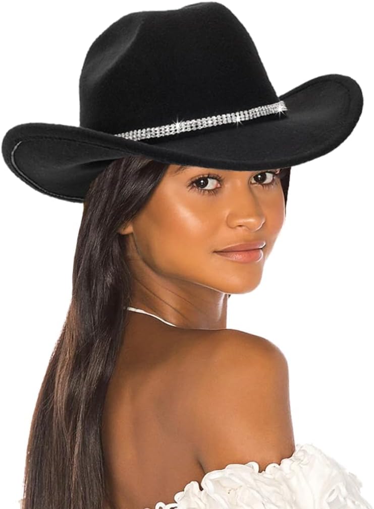 Women-Rhinestone-Western-Cowboy-Hats - Vintage-Wide-Brim-Cowgirls-Hat Bling-Diamond-Hat for Disco Music Party M/L - Image 5