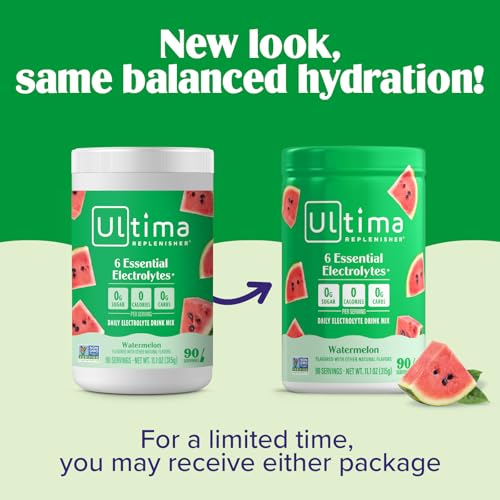 Image of Ultima Replenisher Daily Electrolyte Powder Drink Mix - Sugar Free - Watermelon, 90 Servings - Hydration Powder with 6 Key Electrolytes and Trace Minerals - Keto Friendly, Vegan, Non-GMO