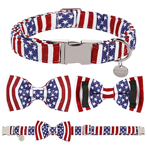 Image of Dog Collar with Bow Tie, 4th of July Comfortable Cotton Dog Collar, American Flag Collar for Puppy Girl Boy Dog or Cat, Patriotic Bowtie Collar with Metal Buckle, XS