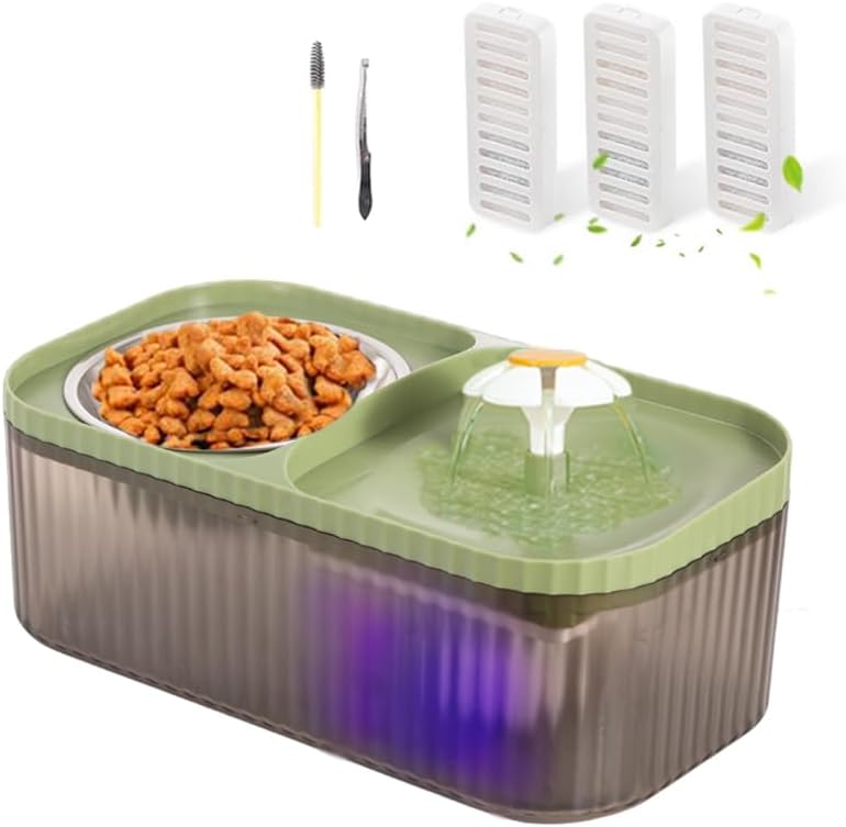 Marchul Cat Water Fountain and Stainless Steel Food Bowl, 100oz/3L Super Quiet Automatic Pet Water Dispenser with Smart Pump and 3 Replacement Filters for Cats and Small Dogs, Green