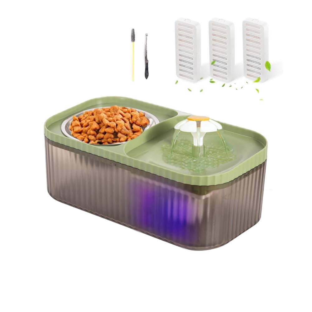 Marchul Cat Water Fountain and Stainless Steel Food Bowl, 100oz/3L Super Quiet Automatic Pet Water Dispenser with Smart Pump and 3 Replacement Filters for Cats and Small Dogs, Green
