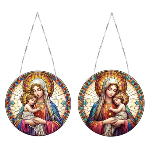 Generisch DIY Diamond Painting Pendentif avec chaîne, images de peinture diamant, peinture diamant créative 5D, kit de décoration murale pour fenêtre, mur, entrée de jardin, décoration 18-Vierge Marie