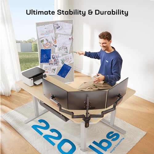 Image of HUANUO 63″ L-Shaped Standing Desk, Built-in Power Outlets, Electric Height Adjustable Corner Computer Desk, Large Power Strip Holder, Sit Stand Up Desk with 3 Preset Heights, Natural Wood