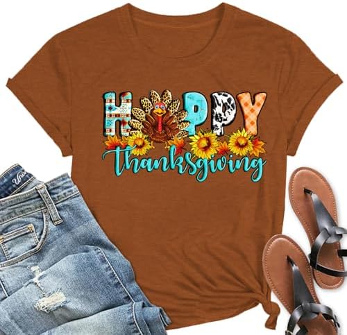 Happy Thanksgiving Day Shirt Women Funny Turkey Graphic Shirts Autumn Halloween Tee Tops