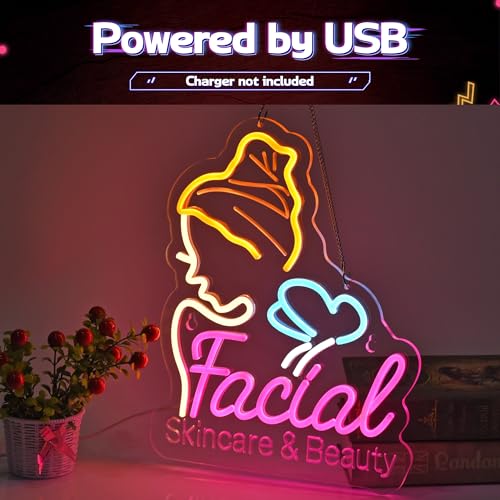 Image of CNBEYOUNG Facial Skin Care Neon Sign, Neon Lights Hanging Wall Art Decoration for Beauty Salon Spa Skincare Clinics Party Home Decor, USB - Driven, Super Bright & Adjustable,15.75x 12.6inches