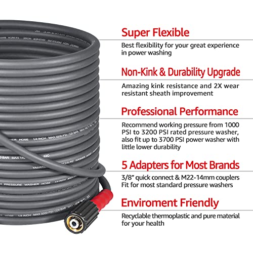 YAMATIC Super Flexible Pressure Washer Hose 50FT X 1/4", Kink Resistant