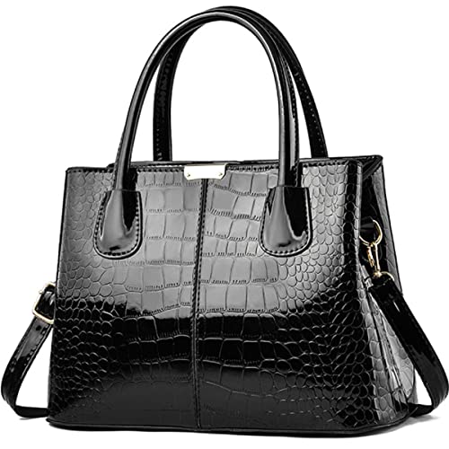 XingChen Bolsa de mão e bolsa feminina de couro envernizado, bolsa de ombro com estampa de crocodilo e alça superior, Preto, One Size