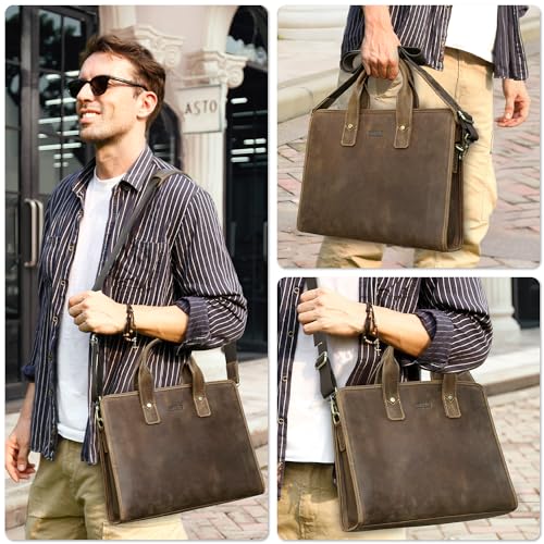 Image of Top Grain Leather 14.2 inch Laptop Slim Briefcase Crossbody Handbag, Handmade & Adjustable Strap, Fits to MacBook Pro /Air 14 inch /13.3 inch /13.6 inch 2021 2022 M1 Pro /M1 Max & A4 /A5 Paper, Coffee 14.2 Inch
