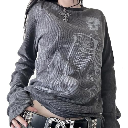 Amiblvowa Women Y2K Grunge T Shirt Emo Aesthetics Graphic Tops Teen Girl Vintage Baggy Goth Tops Harajuku Punk Grunge Clothes