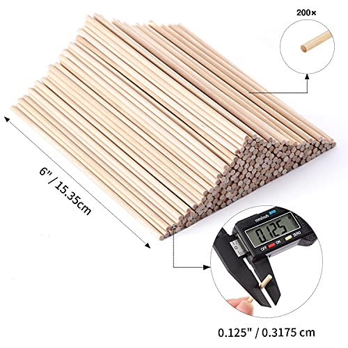 Wooden Dowel Rods Assorted 1/8 Inch x 6\", 200 Wood Dowels, Wooden Dowels for Crafts, Precut Dowels for Crafting, Hardwood Dowel Rod, Wooden Rod Sticks Doweling Rods, Cake Dowels for Tiered Cakes