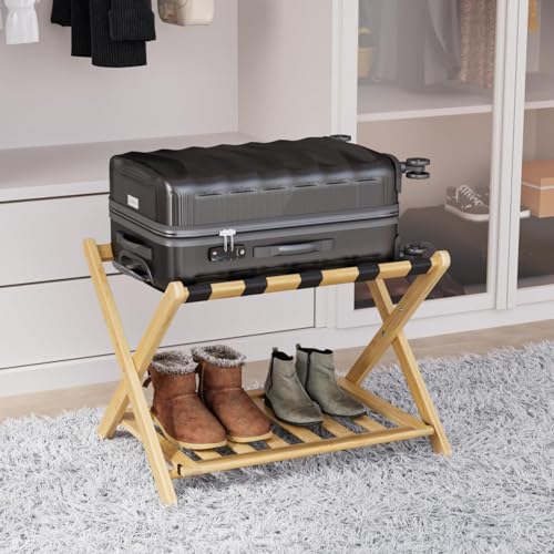 Smart FENDEE Fully Assembled Bamboo Luggage Rack, Heavy Duty Folding Suitcase Stand with Storage Shelf, Guest Room Essentials, Ideal for Bedroom, Hotel, Natural