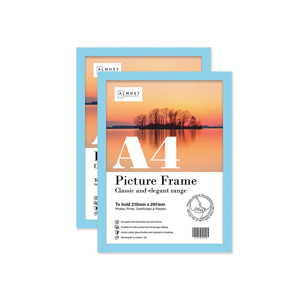 Almost Frameless A4 Light Blue Picture Frame Set of 2, Display A4 Picture Gallery Wall, Poster, Photo, Artwork, or Print, Light Blue