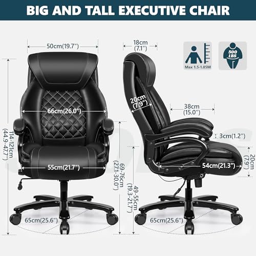 Big and Tall 500lbs Office Chair,Heavy Duty Large PU Leather Executive Desk Chair with Wide Seat, Adjustbale Ergonomic Lumbar Support High Back Rocking Computer Chair for Heavy People (Black)