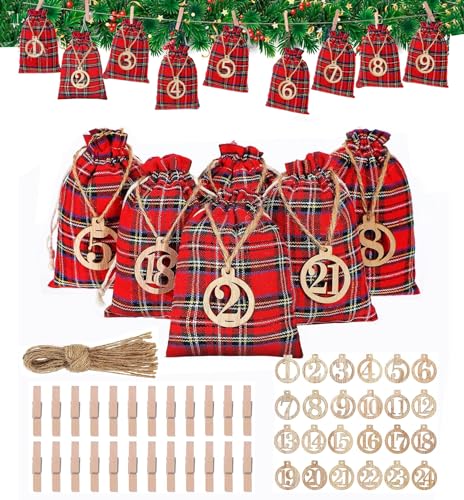 Adventskalender zum Befüllen Jutesäckchen Rot Weihnachten Geschenksäckchen 24 Stück mit Zahlen Holz Deko Stoffbeutel Weihnachtskalender Bastelset Säckchen 10x15 cm
