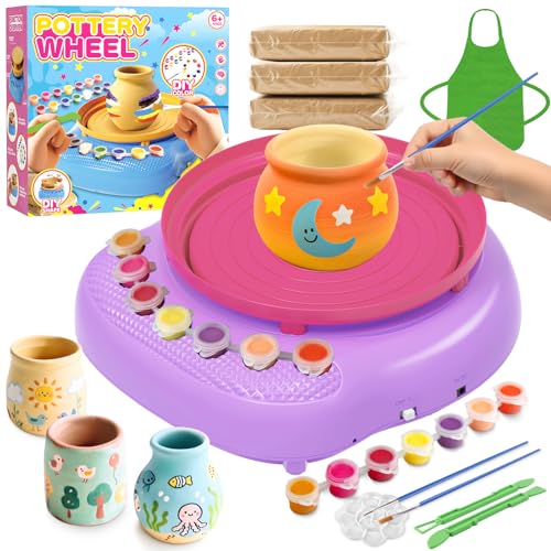 Torno de Alfarería Niños 6-12 Años – Kit Completo Cerámica DIY Principiantes con 3 Paquetes Arcilla Secado al Aire, Herramientas, Materiales Manualidades, Regalo Cumpleaños Niños y Niñas 6+ (Púrpura)