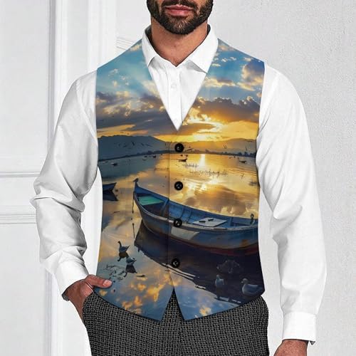 Blue Landscape Boat And Sea Men's Suit Vests Business Formal Dress V-Neck Waistcoat Tops with 2 Pockets2