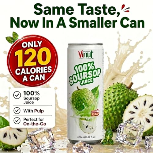 Image of VINUT 100% Soursop Juice with Pulp (Guanabana, Graviola), No Added Sugar, Not From Concentrate, Gluten Free & Non-GMO Drink, 100% Vegan /Plant-Based, 10.82 fl oz Cans (Pack of 12)