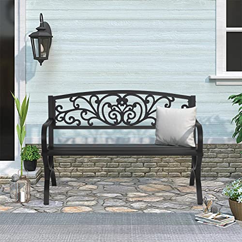 Fdw Patio Garden Bench 50 Inch Outdoor Metal Loveseat Chairs With Armrests Slatted Seat And W/Floral Design Backrest For Park, Yard, Porch, Lawn, Balcony, Backyard, Black #TOP1