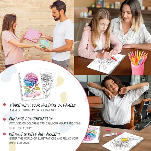 Tlenpo Coloring Book for Adults Relaxation, 50 Pages Adult Coloring Books for Women Stress Relief, Spiral Bound Alcohol Marker Coloring Books, Relaxing Gift for Women, Single-Sided Print of Floral — view 5