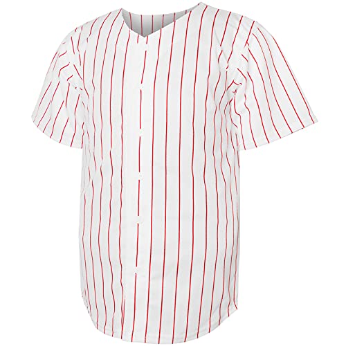 Camiseta de béisbol con botones y manga corta, estilo hipster, hip hop, Rojo (Red-Stripe), Medium