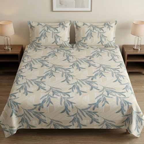 Image of Mafatlal King Size Bedsheet, Beige with Blue Leaf Print, 186 TC Metro Cotton, 108 x 108 Inch, Soft & Breathable, with 2 Pillow Covers | Cream Blue 2
