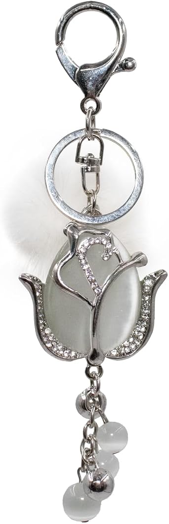 surell Bling Rose with Mink Fur Pom Keychain - Cute Unique Flower Keychains - Gifts for Flower Lovers - Rose Charm Keychain