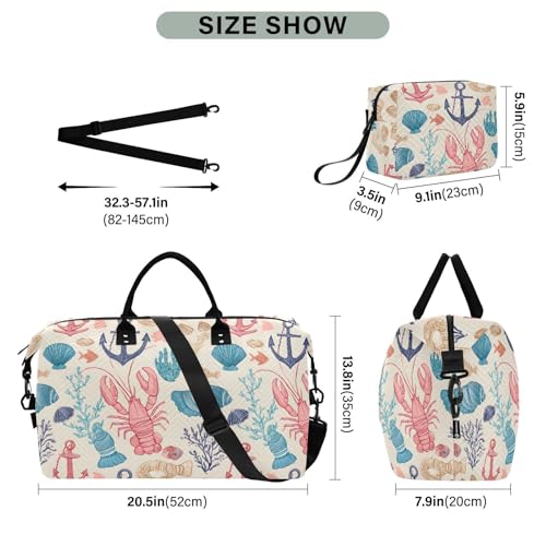 Cartoon Lobster Coral Boat Anchor Seashell Large Travel Duffle Bag Weekender Overnight Bags Gym Yoga Bag for Women Men with Toiletry Bag3