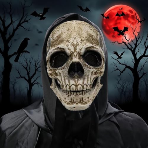 skull mask moving jaw - scary halloween masks for adults men, ful...