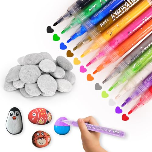 Zidoley 15 Stück Flache Steine zum Bemalen und 12 Farben Wasserfest Marker...