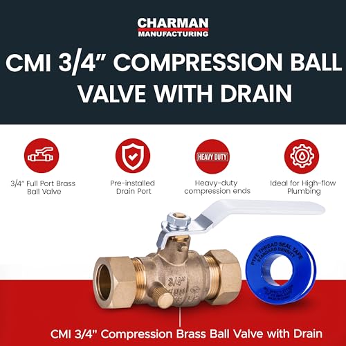 CMI Inc - 3/4 Inch Compression Brass Ball Valve with Drain, Full Port, Heavy Duty Shut-Off Valve for Water Lines, Inline Plumbing Fitting with Teflon Seal, 600 WOG, Lead-Free, CSA Approved - 1 Pack