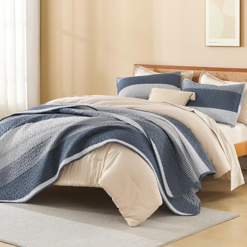 Colcha King ligera azul marino cubrecama de verano Litanika de microfibra suave 3 piezas 5
