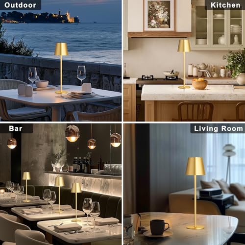 Image of Kakanuo Cordless Table Lamp, Battery Operated Lamp, Portable LED Wireless Rechargeable Lamp, 3 Color Stepless Small Table Lamp for Restaurant, Bar, Party, Camping and Bedroom - Gold