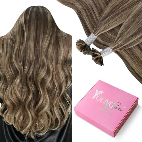 YoungSee U Tip Hair Extensions Dark Brown Highlight with Caramel Blonde U Tip Hair Extensions Pre Bonded Utip Hair Extension Keratin Fusion Hair U Tip Hair Extensions 50grams 50strands 14inch