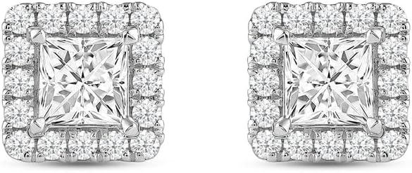 saavyco_jewels 1.00 Ct Princess Cut White Diamond Halo Women's Stud Earrings With 925 Sterling Silver 14k White Gold Finish