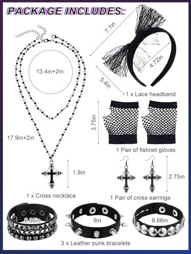 7 Pcs 80s Women Costume Accessories Halloween Leather Punk Bracelet Black Cross Necklace Lace Headband Fishnet Glove2