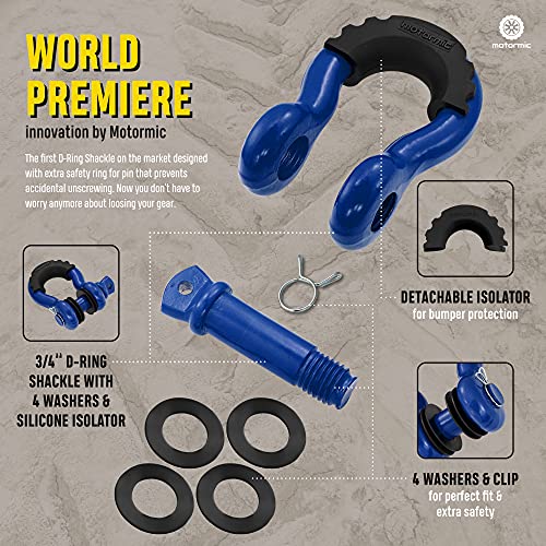 Motormic Unique D Ring Shackles 2 Pack Blue - 3/4" Clevis With 7/8" Pin Safety Max 57,000 Lbs Break Point - 2 Black Isolators, 8 Washers - Heavy Duty Use Tow Strap, Winch, Off Road, Towing #TOP1