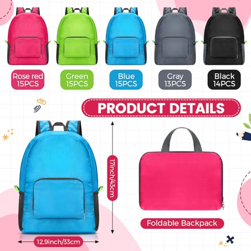 Jexine 72 Pcs Backpack Bulk 17 Inch Foldable Backpack 5 Assorted Colors Lightweight Back Pack for Outdoor Travel Zippered Book Bags2