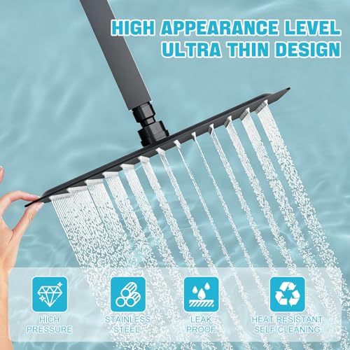 Moshiqgaol Duschkopf Regendusche 12 Zoll, Regenduschkopf Edelstahl 304 Quadrat 30x30cm, 360° Verstellbarer Dusche Kopfbrause, Rain Shower Head, Regenwalddusche Duschkopf(schwarz)
