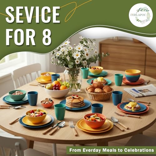 Perlapoc Wheat Straw Dinnerware Set 40 PCS - Service for 8 | Plates and Bowls Sets | Unbreakable Dishes Set - Dinner Plates, Dessert Plate, Cereal Bowls, Drinking Glasses, Dishwasher Safe - Multi by Perlapoc - Image 7