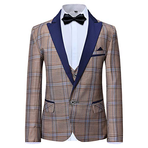Boys Plaid Tuxedo Suit Slim Fit Dresswear 3 Pieces Blazer Pants Vest Khaki #TOP1