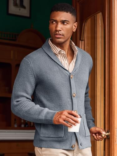 Runcati Mens Shawl Collar Cardigan Sweater Cable Knit Button Down Winter Chunky Sweaters with Pockets3